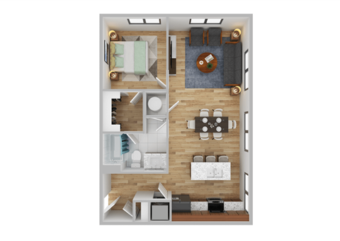 Floor plan for 1 bed, 1 bath, 601 sqft